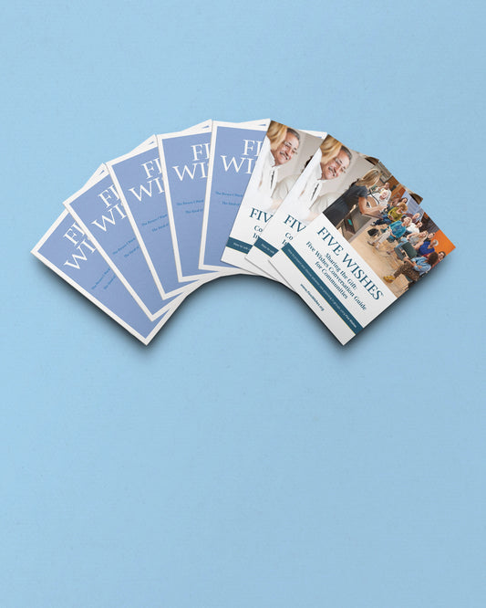 Set of 'Five Wishes' brochures on a light blue background