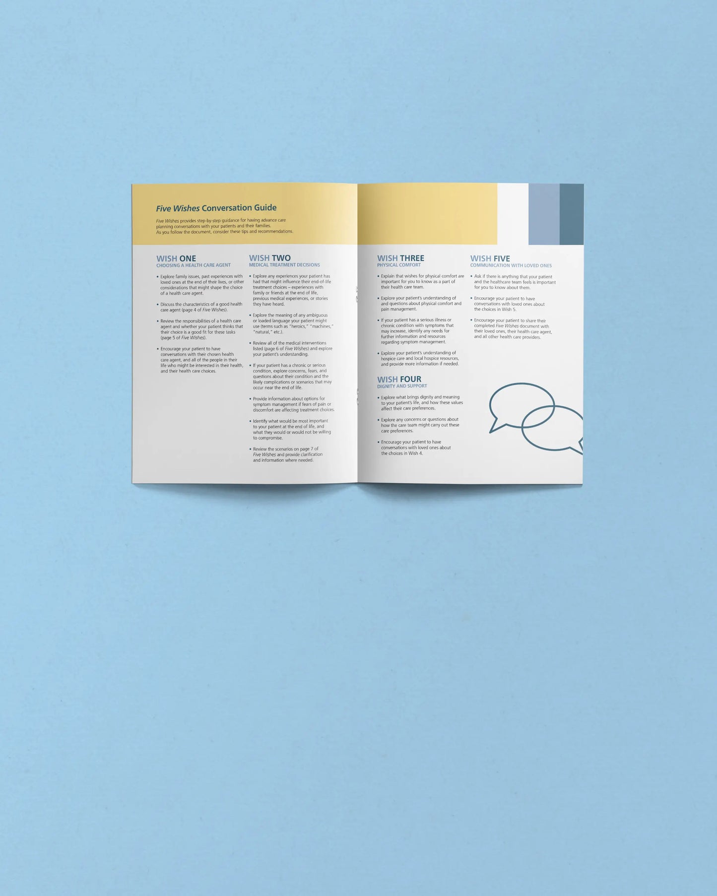 Open book with a conversation guide on a light blue background