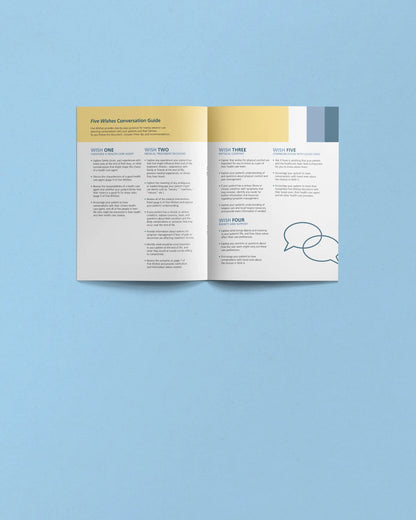 Open book with a conversation guide on a light blue background