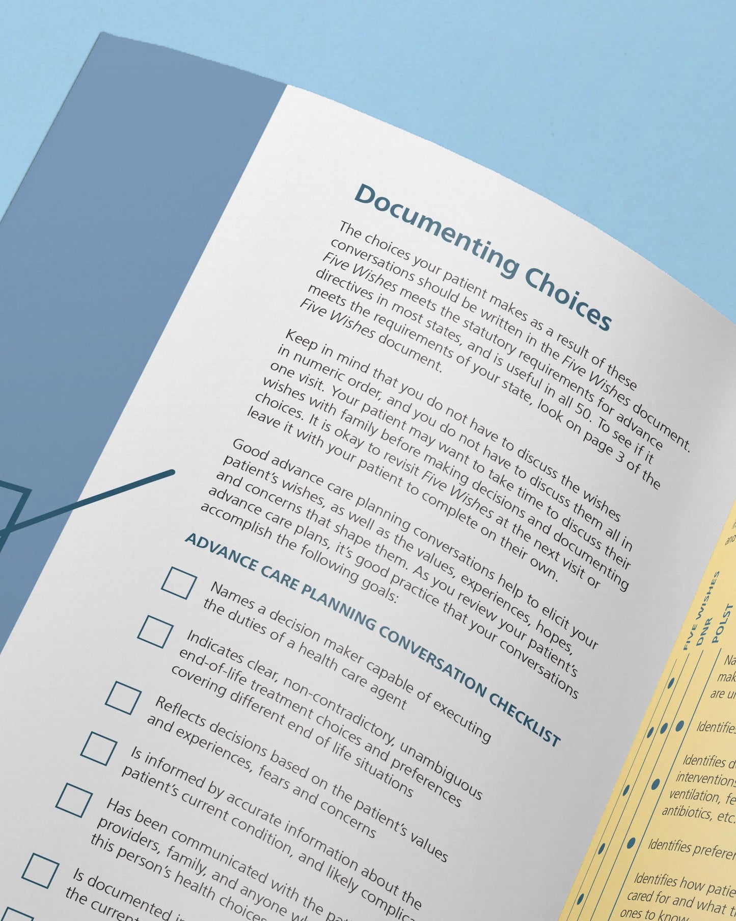 Document titled 'Documenting Choices' with checkboxes on a blue background
