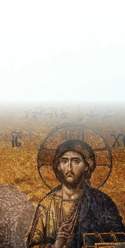 Mosaic of a religious figure with a halo on a light background