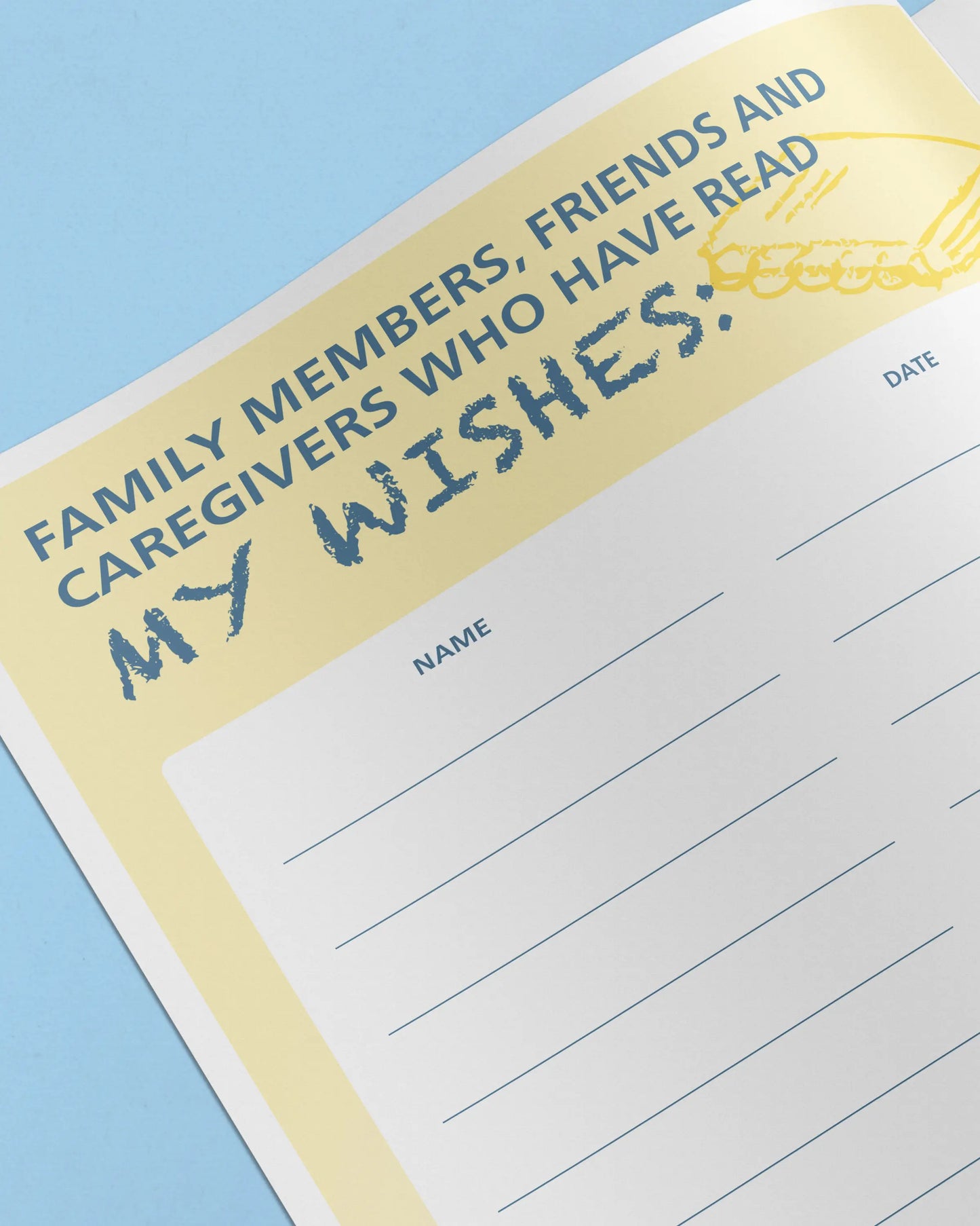 Notebook page with text and a yellow border on a blue background