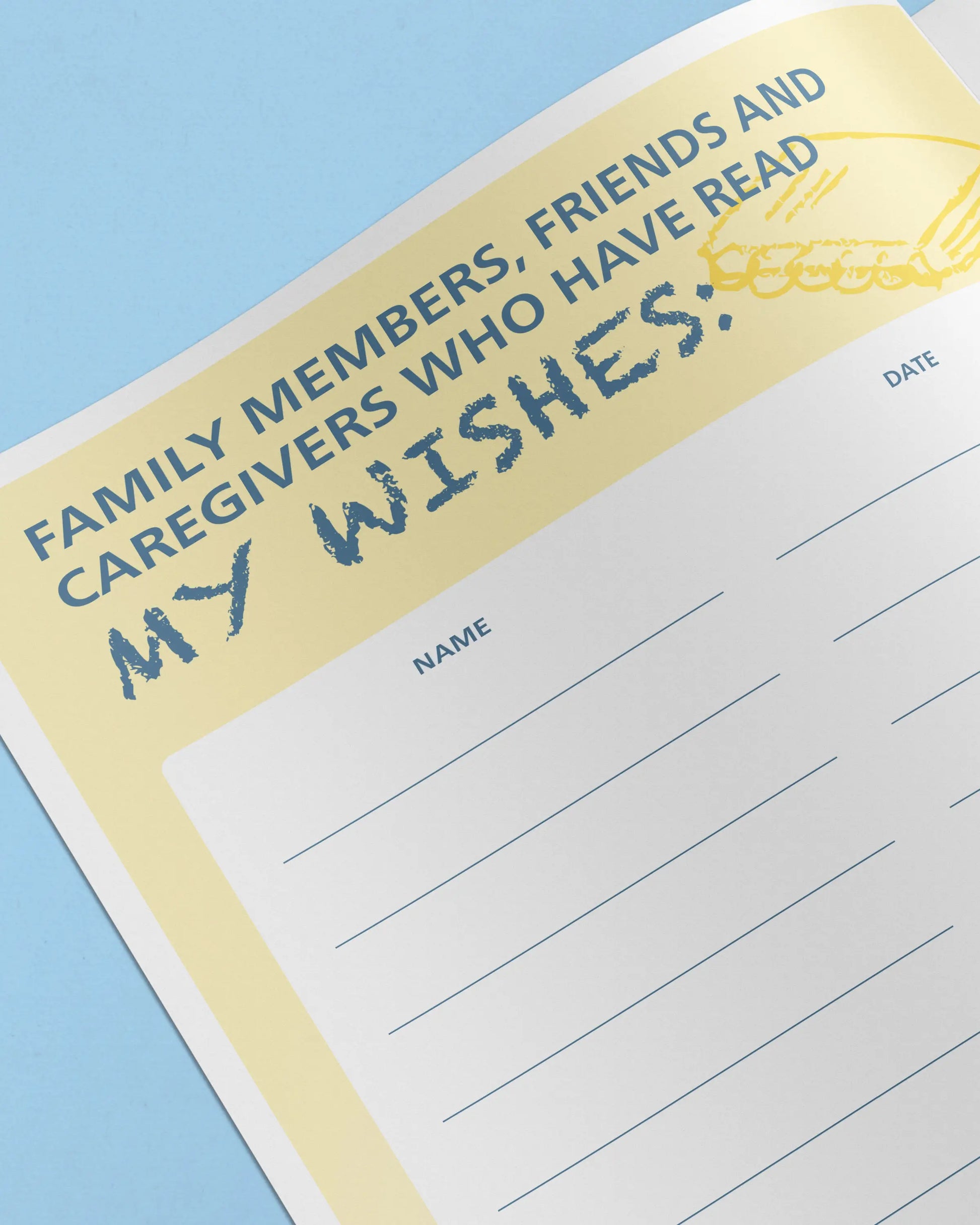 Notebook page with text and a yellow border on a blue background