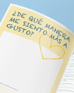 Open book with a yellow heart and text on a light blue background