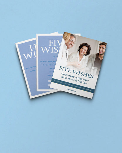 Three copies of 'Five Wishes' guides on a light blue background