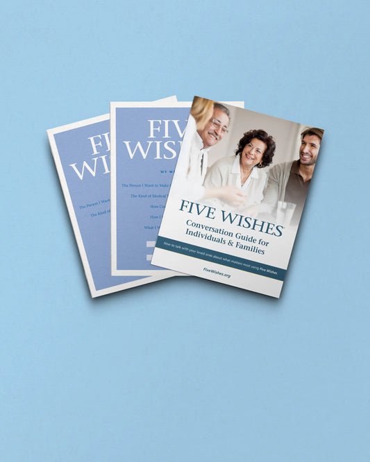 Three copies of 'Five Wishes' guides on a light blue background