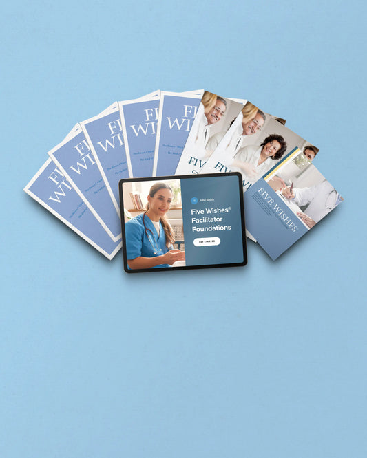 Collection of 'Five Wishes' facilitator guides on a blue background