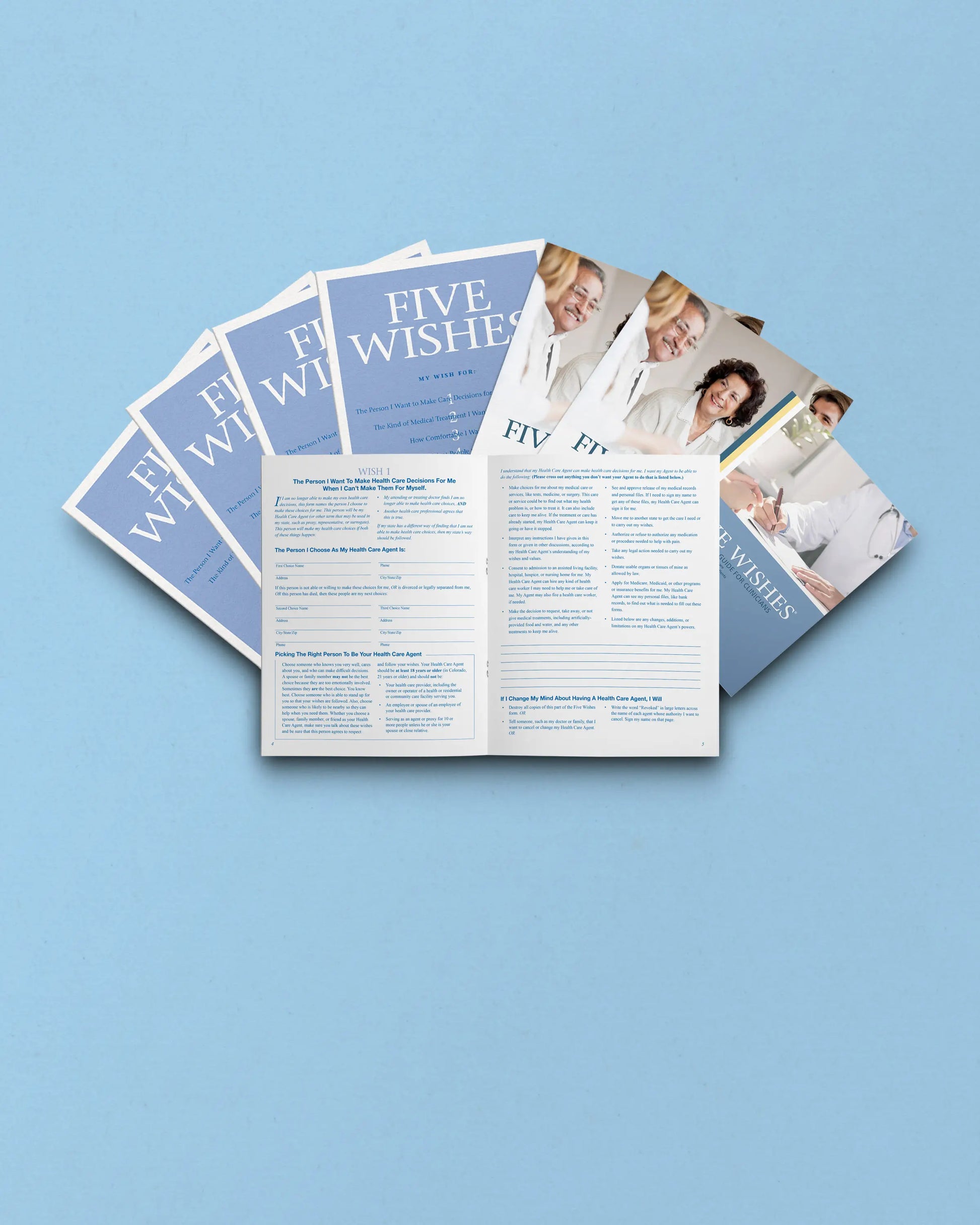 Five Wishes brochures on a light blue background