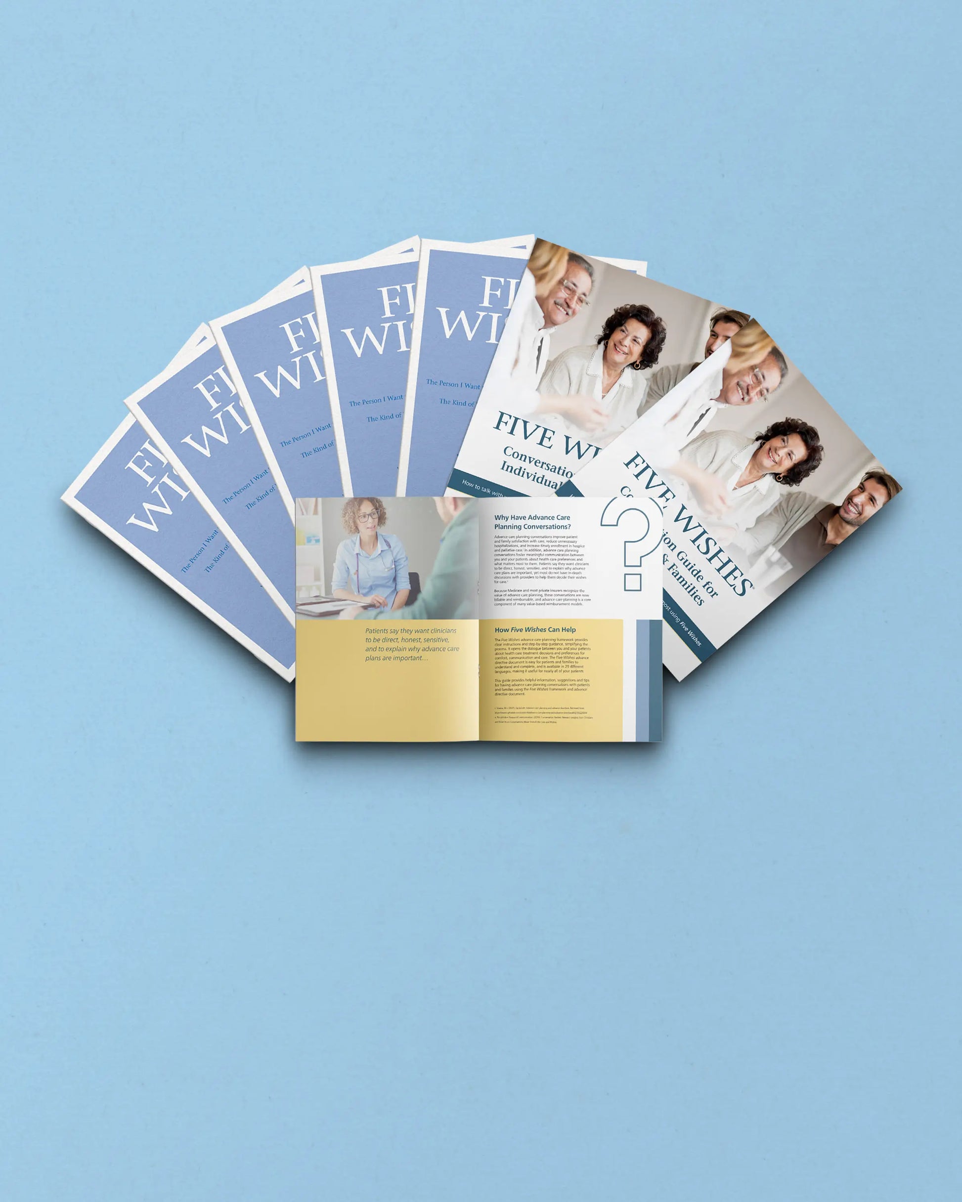 Open brochure with 'Five Wishes' on a light blue background