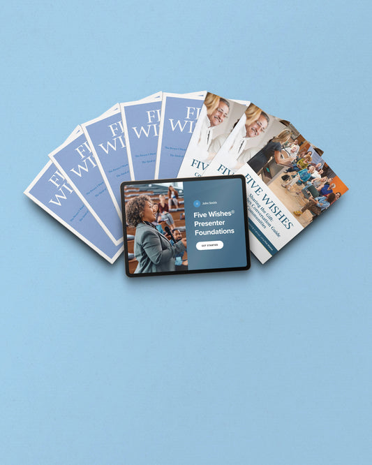 Collection of 'Five Wishes' books and a tablet on a light blue background