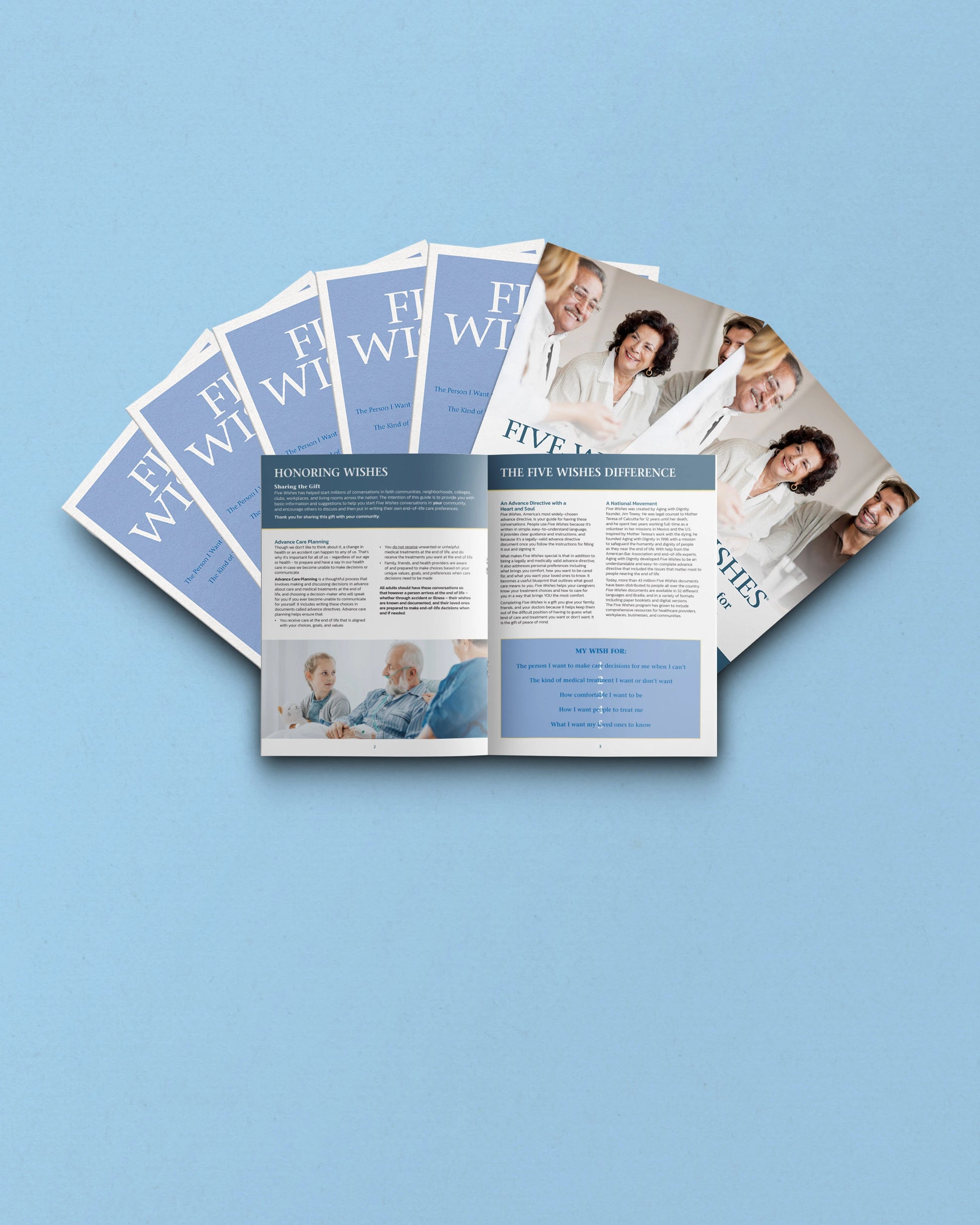 Open magazine with multiple pages on a light blue background
