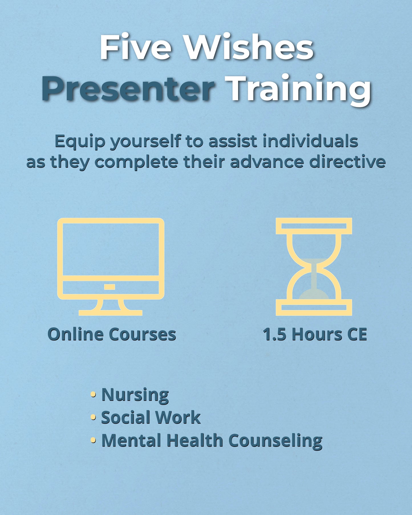 Advertisement for Five Wishes Presenter Training on a blue background with computer and hourglass icons.
