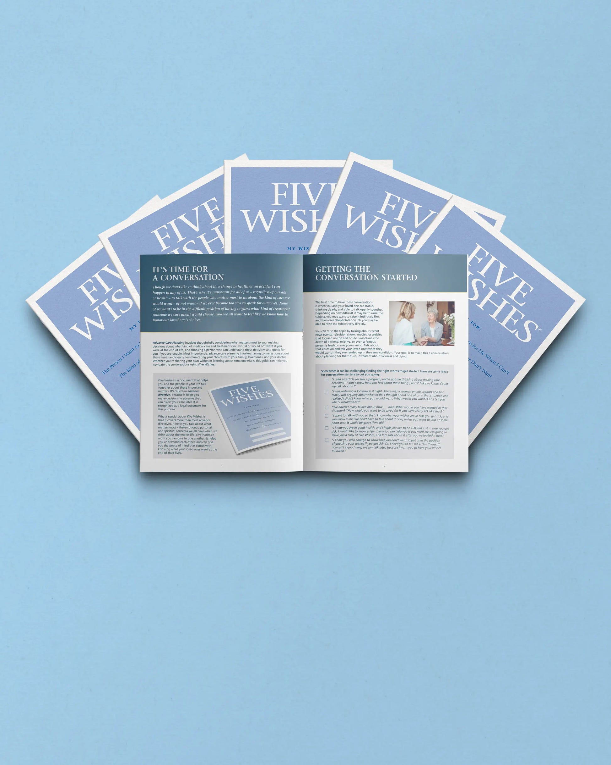 Open brochure titled 'Five Wishes' on a light blue background