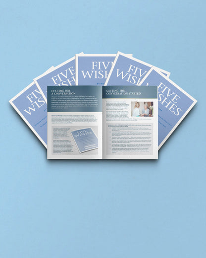 Open brochure titled 'Five Wishes' on a light blue background