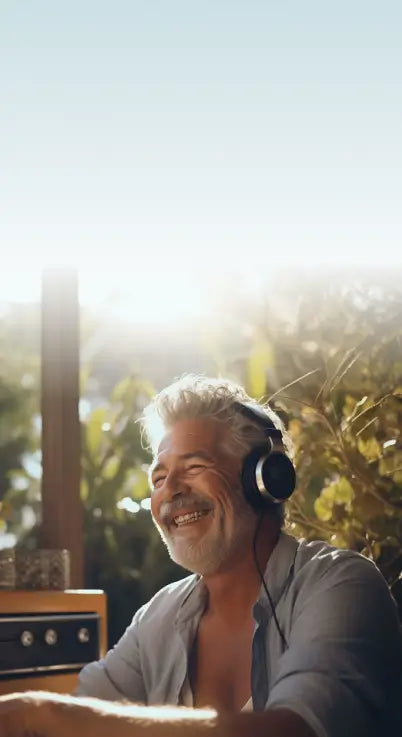 Man wearing headphones smiling outdoors